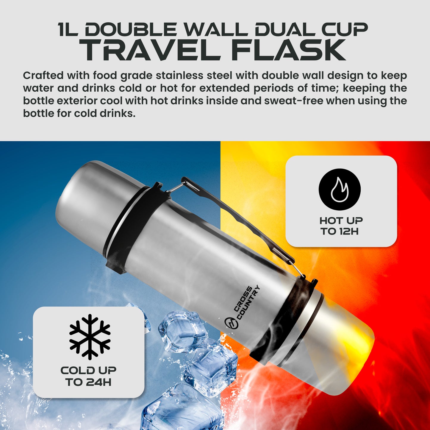 1L Insulated Travel Flask with 2 Cups