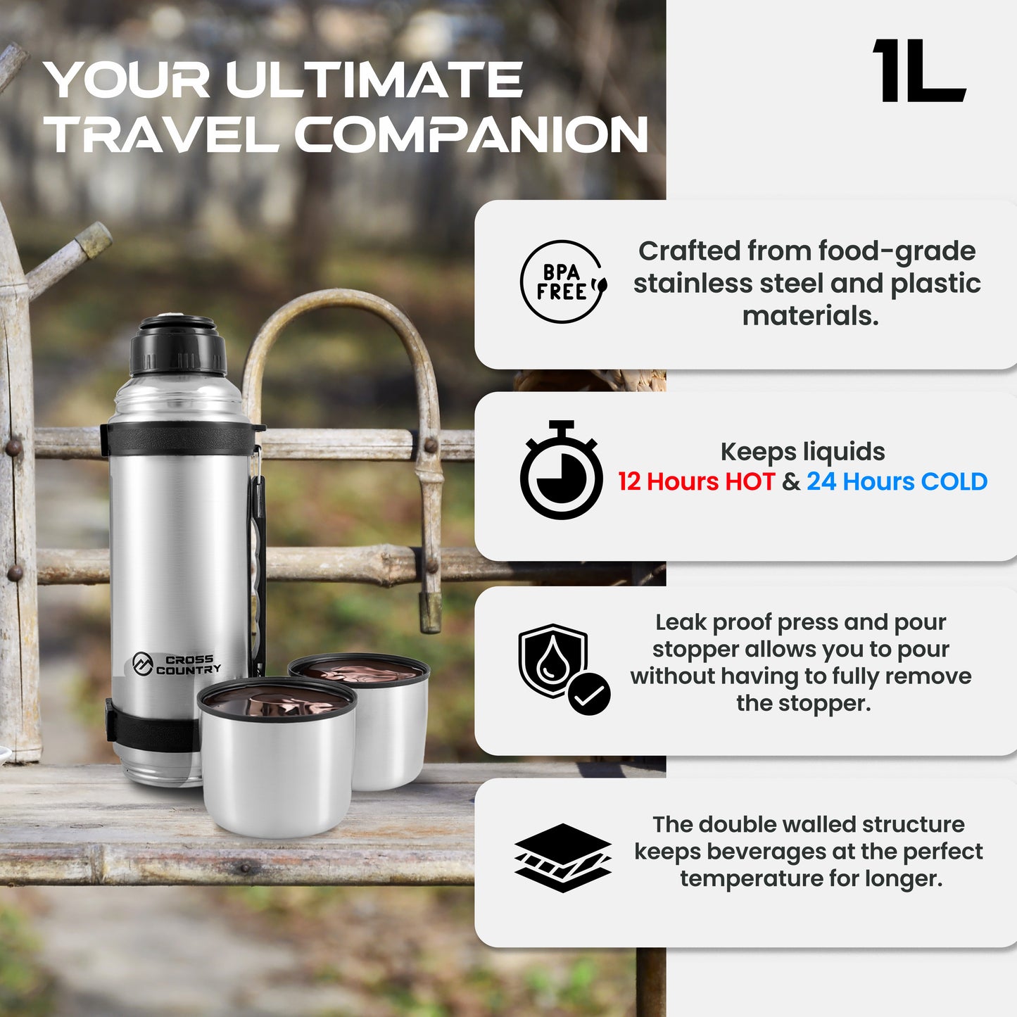 1L Insulated Travel Flask with 2 Cups