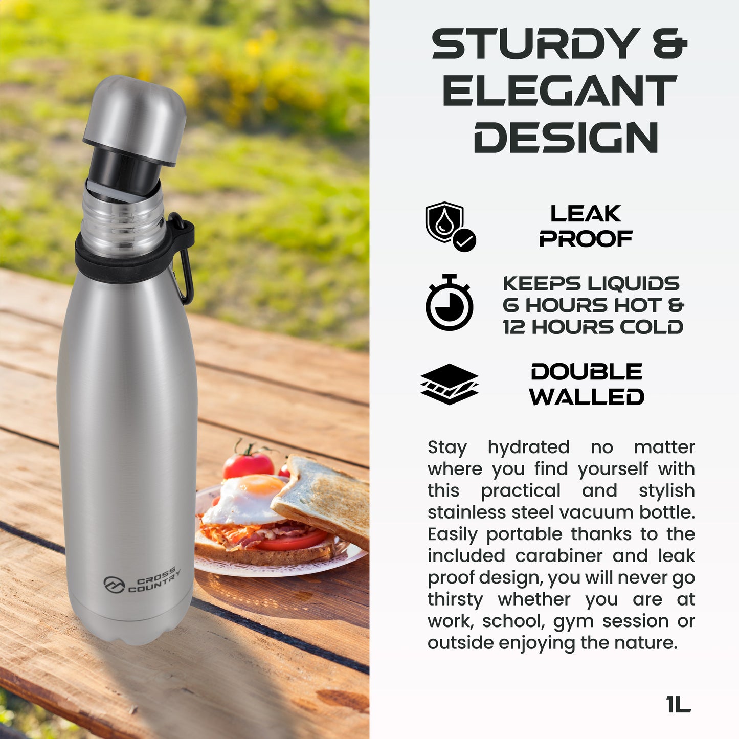 Vacuum Stainless Steel Bottle with Carabiner - Double Wall Insulated