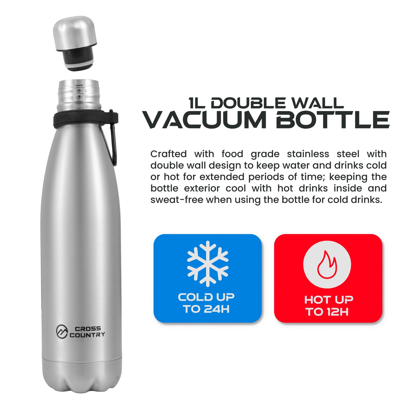 Vacuum Stainless Steel Bottle with Carabiner - Double Wall Insulated