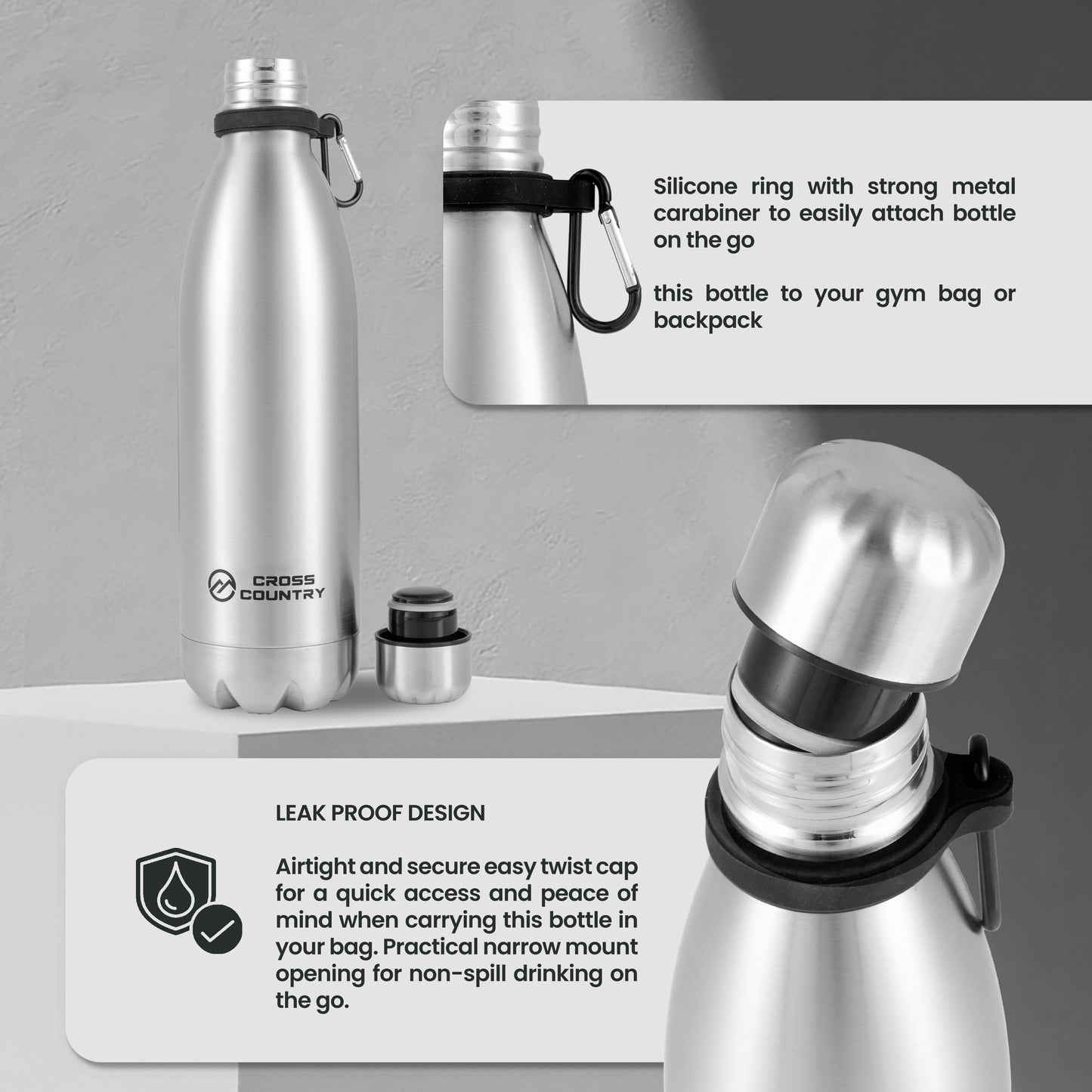 Vacuum Stainless Steel Bottle with Carabiner - Double Wall Insulated