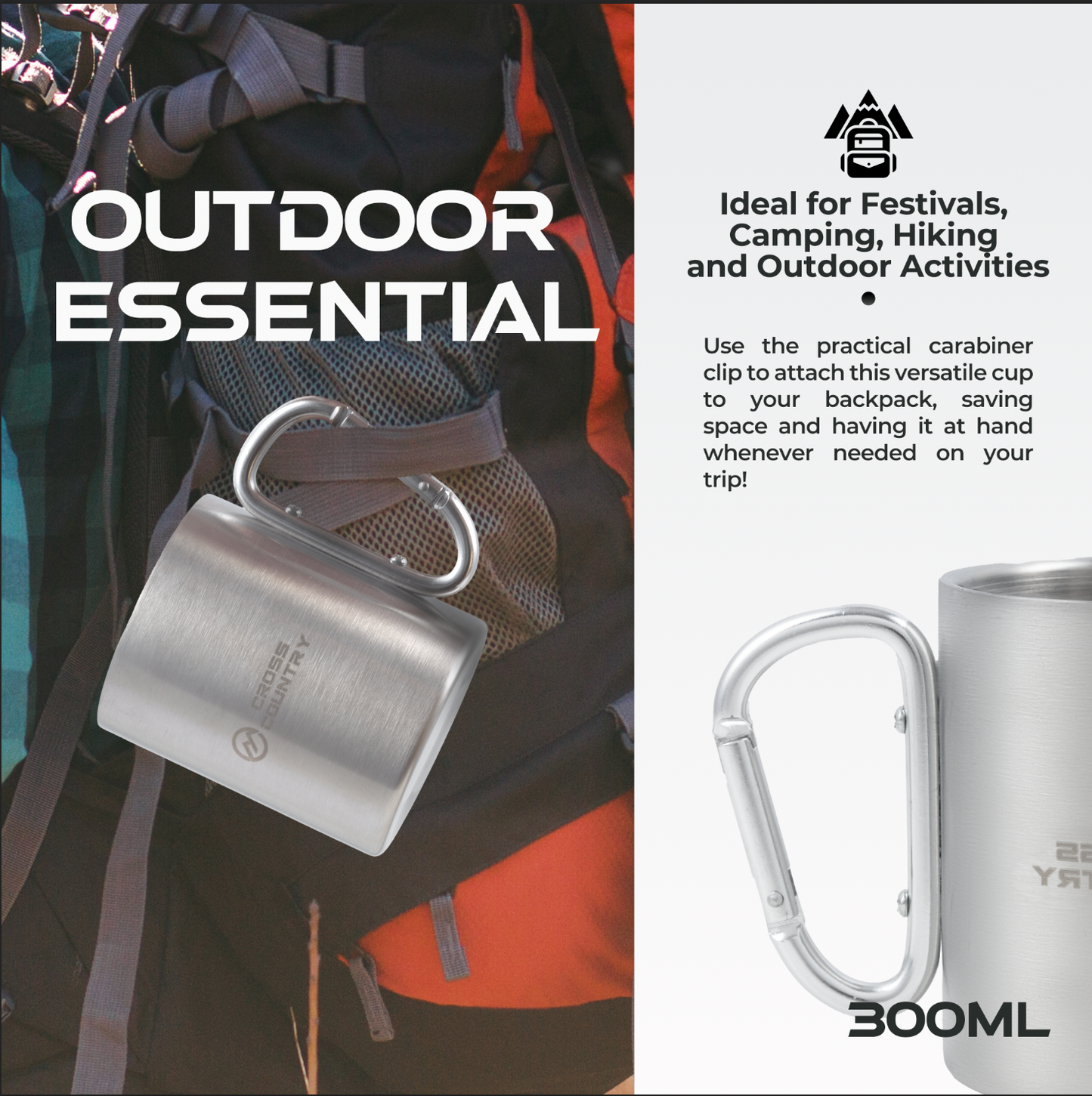 300ML Carabiner Camping Mug (Double Walled Stainless Steel)